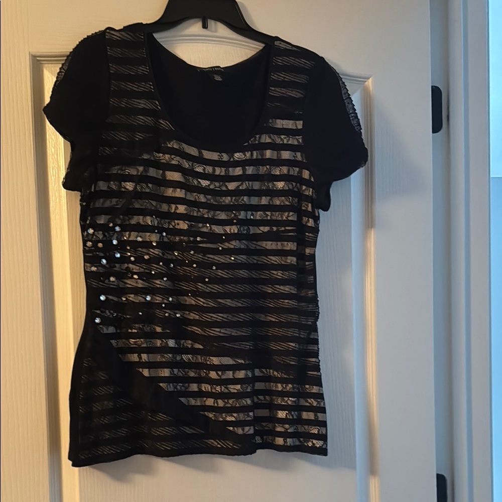 White House Black Market Lace Black Striped Short Sleeve Top